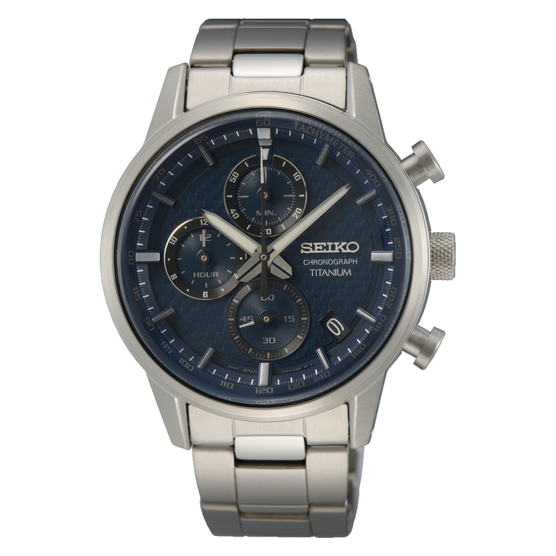 Herrenuhr Stahl Seiko Sport Chronograph mit blauem Hintergrund