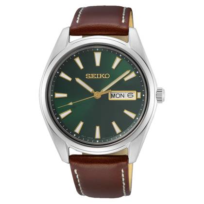 Achat d'une première montre homme avec un petit budget Montre-homme-classique-mouvement-quartz-3-aiguilles-cadran-vert-bracelet-cuir-marron